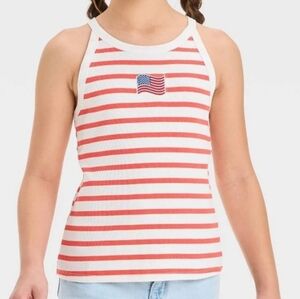 Girls American Flag Striped Graphic Tank Top Red/Off-White L